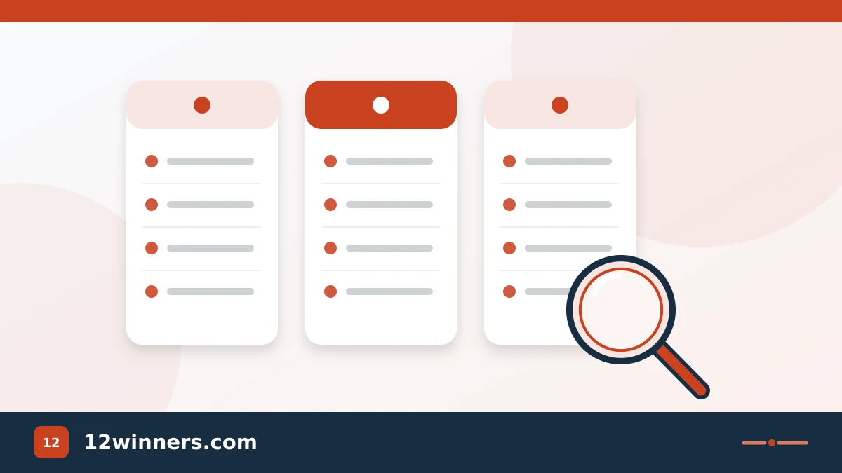 Three comparison columns and a magnifying glass